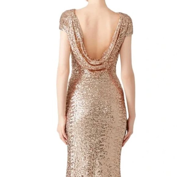 Badgley Mischka,Sequin Cowl Back Gown, rose gold, short sleeves, concealed zip. - Picture 2 of 15